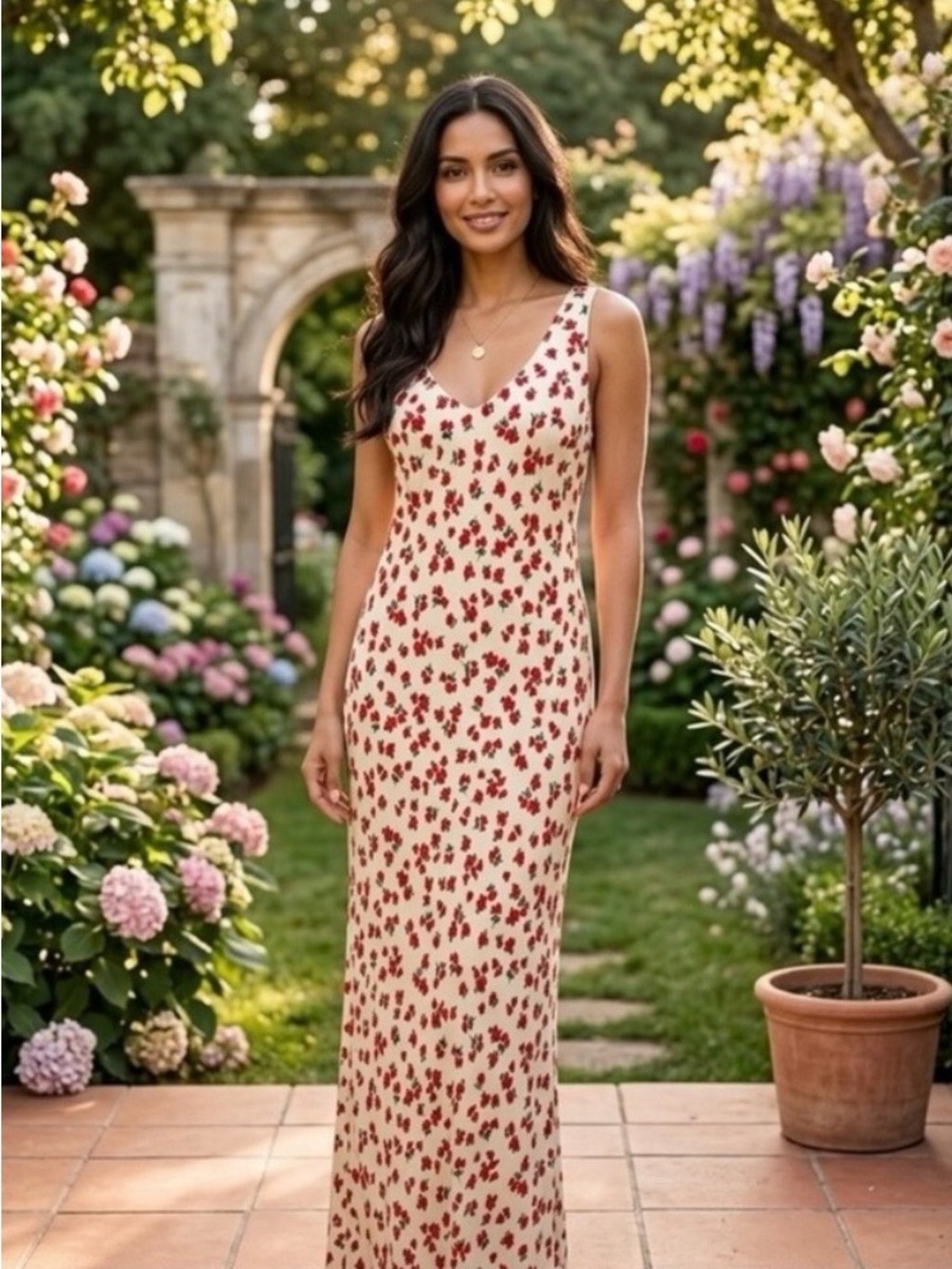 Z Supply Cream Maxi Dress with Red Floral Print